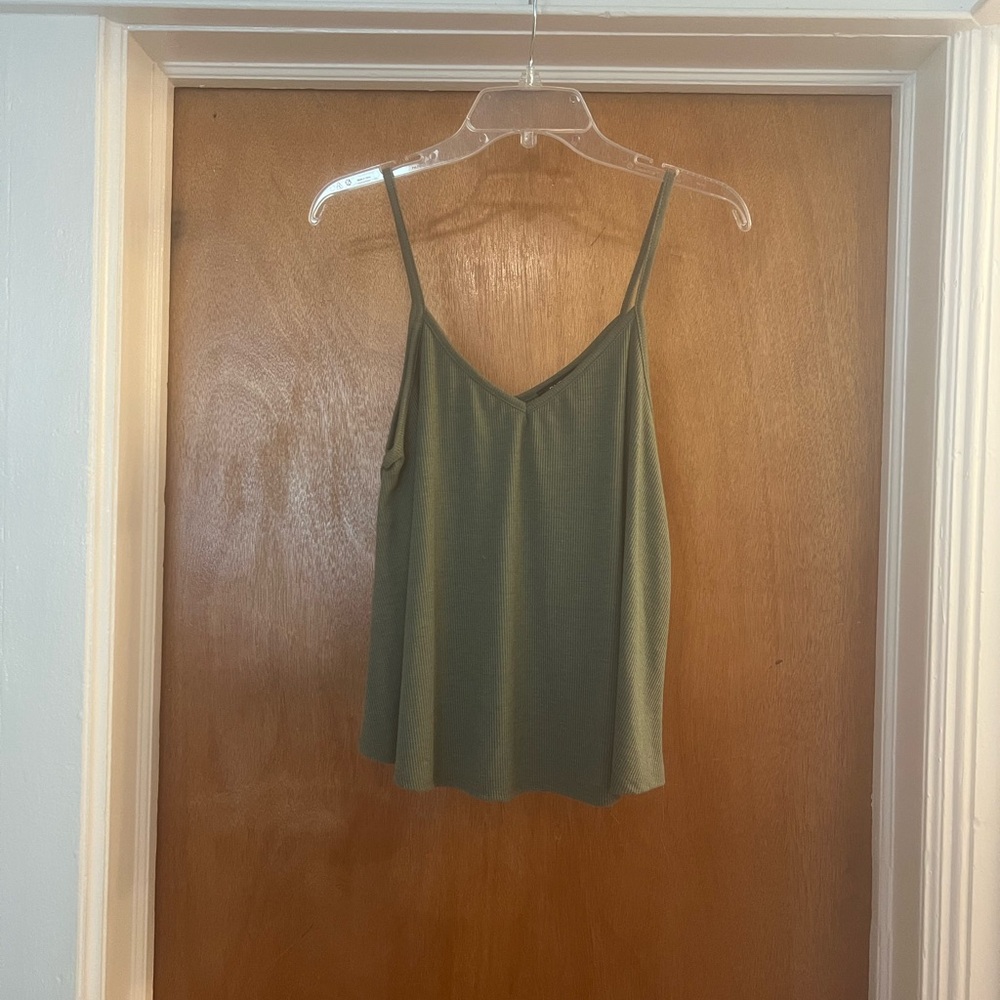 Publik Women’s Olive Green Ribbed Knit V-neck Spaghetti Strap Top